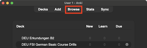 A screenshot of the main Anki window, with the browse button emphasised