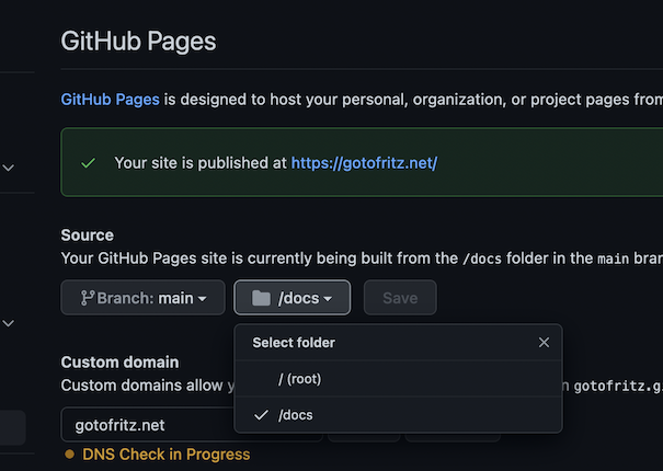 Where to set the docs/ folder as the root for your github pages in the github settings