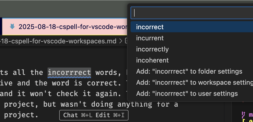 VS Code spell checker highlighting the misspelled word ‘incorrrect’ with three r’s. The suggestion dropdown shows ‘incorrect’ along with other options like ‘incurrent,’ ‘incorrectly,’ and ‘incoherent,’ plus options to add the misspelling to folder, workspace, or user settings.