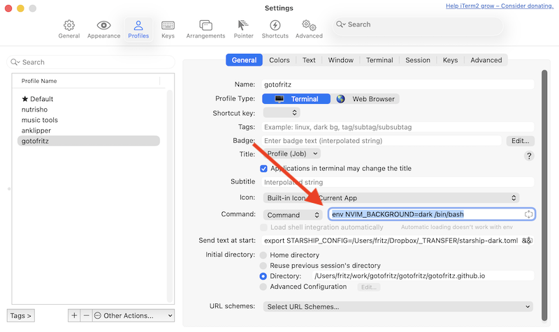 An iTerm  profile settings screen showing the env command descrived in the text