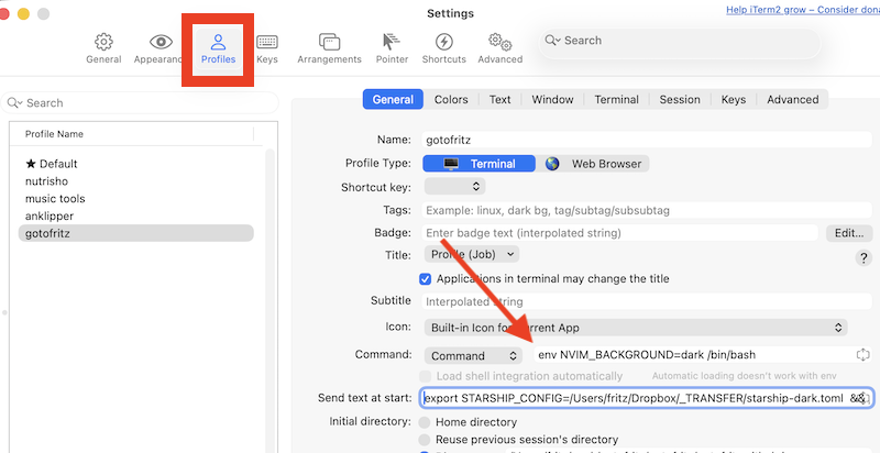 An iTerm profile settings screen showing the export STARTSHIP command described in the text